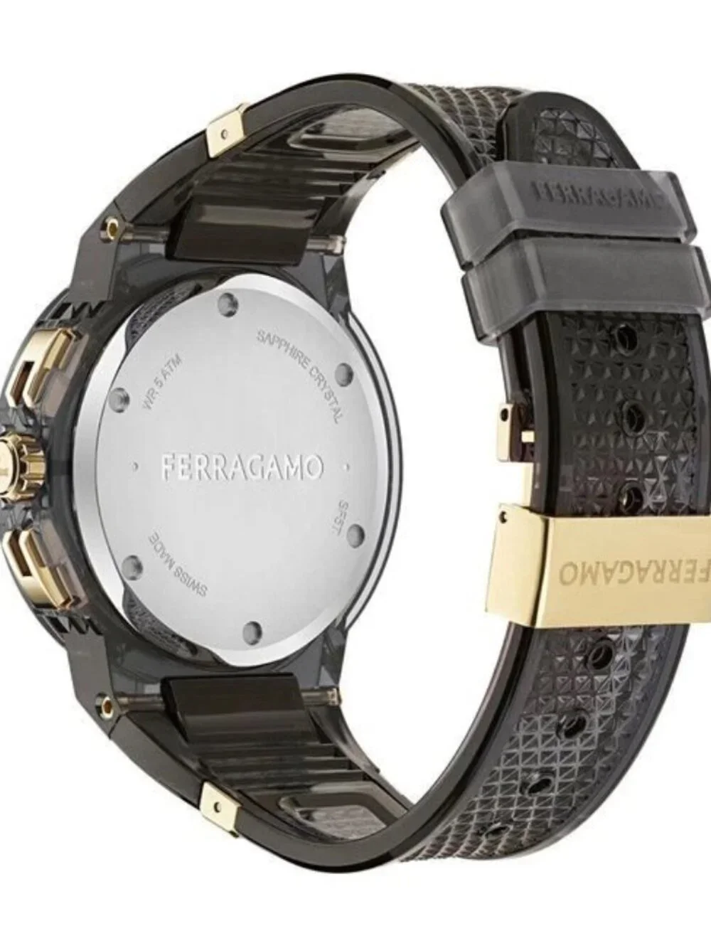 Ferragamo Men's Swiss Watch F-80 Translucent Black Polyurethane Strap 44mm